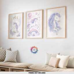 Girls Unicorn Posters - Set Of 3 - Girl Bedroom Prints Rainbow Unicorns Wall Art - thumbnail 1