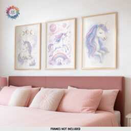 Girls Unicorn Posters - Set Of 3 - Girl Bedroom Prints Rainbow Unicorns Wall Art - thumbnail 2