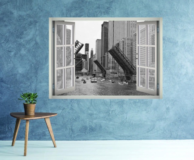 The Chicago River Wall Decal - City Mural Wallpaper Skyline 3D Window Buildings Architecture Decor - image 1