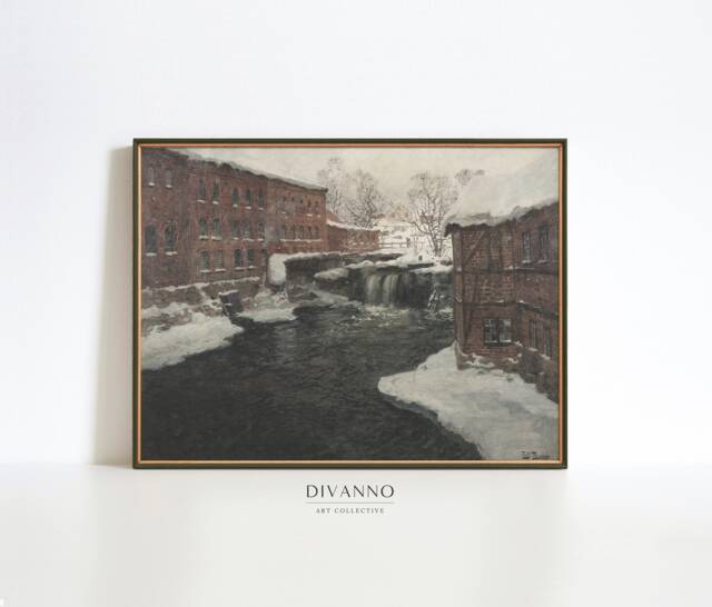 Vintage Moody Winter French Cityscape Print, Dark Neutral Painting, Antique Warm Tone Village Poster, Monet Canvas, Digital Art, Printable - image 1