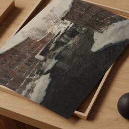 Vintage Moody Winter French Cityscape Print, Dark Neutral Painting, Antique Warm Tone Village Poster, Monet Canvas, Digital Art, Printable - thumbnail 2
