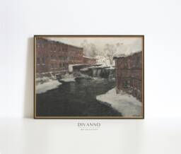 Vintage Moody Winter French Cityscape Print, Dark Neutral Painting, Antique Warm Tone Village Poster, Monet Canvas, Digital Art, Printable - thumbnail 1