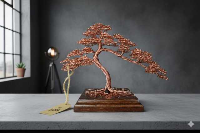 Wire Bonsai Tree - Copper Seven Wedding Anniversary Engraved Dedication Indoor Tree- Miniature - image 1