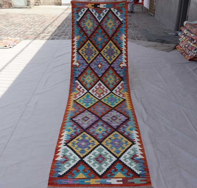 2'8x9'8 Ft Afghan Kilim Runner Rug, Geometric Natural Veg Dyes Wool Flatweave Boho Rug, Handwoven Tribal Kitchen, Hallway - image 1