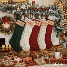 2026 Engraved Leather Patch Christmas Knit Stockings With Name, Family Stockings, Holiday Decor Gifts, Xmas Monogram