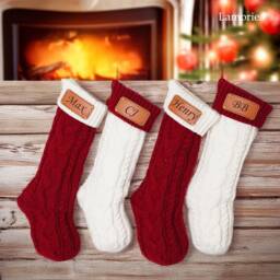 2026 Engraved Leather Patch Christmas Knit Stockings With Name, Family Stockings, Holiday Decor Gifts, Xmas Monogram - thumbnail 2