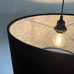 Black Velvet Drum Lampshade, Double Sided Lampshade With William Morris Blue Willow Cotton Interior, Ceiling Light Shade