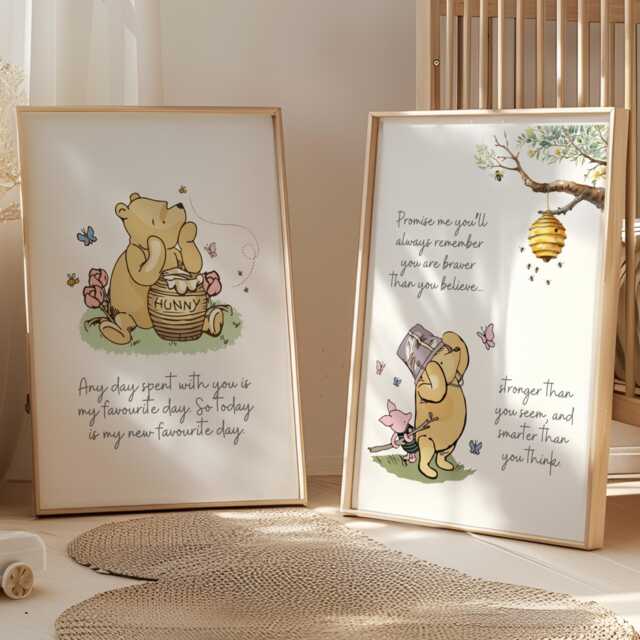 2x Winnie The Pooh Nursery Prints, Wall Art, Bear Baby Child Kids Decor, Girl Eeyore & Piglet Posters - image 1