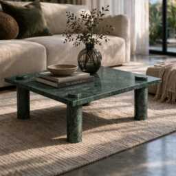 Square Green Marble Coffee Table, Boho Chic Living Room Decor - thumbnail 2