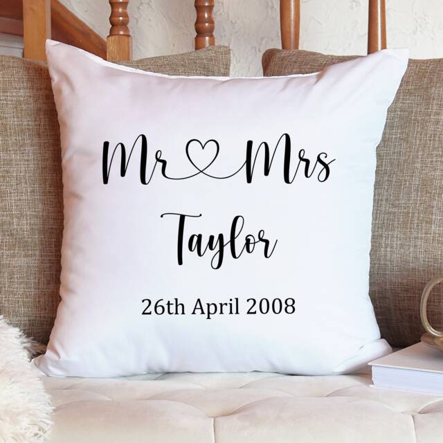 Personalised Mr & Mrs Cushion Pillow - Custom Wedding Anniversary Gifts & Unique Present Ideas - image 1