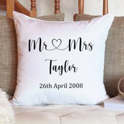 Personalised Mr & Mrs Cushion Pillow - Custom Wedding Anniversary Gifts & Unique Present Ideas - thumbnail 1