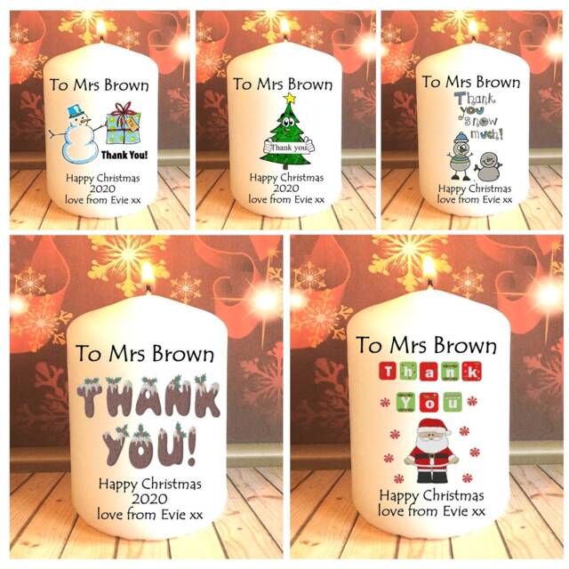 Personalised Christmas 2020 Candle Thank You Gift Teacher Colleague Staff Friend Family Sister Auntie Choice Of 5 Designs - image 1