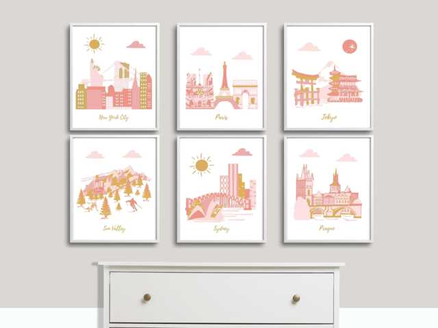 Travel Nursery Art Prints, Pink & Gold Cityscapes - image 1
