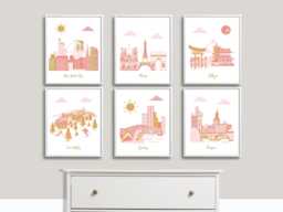 Travel Nursery Art Prints, Pink & Gold Cityscapes - thumbnail 1