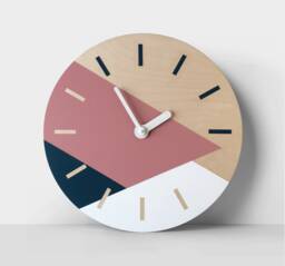 Geometric Wood Wall Clock, Abstract Pink Navy White Art, Mid-Century Decor