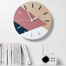 Geometric Wood Wall Clock, Abstract Pink Navy White Art, Mid-Century Decor - thumbnail 3