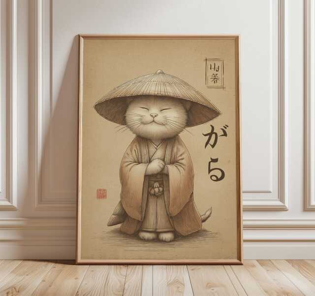 Japanese Samurai Cat Poster, Zen Wall Art, Minimalist Art Print - image 1