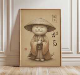Japanese Samurai Cat Poster, Zen Wall Art, Minimalist Art Print - thumbnail 1