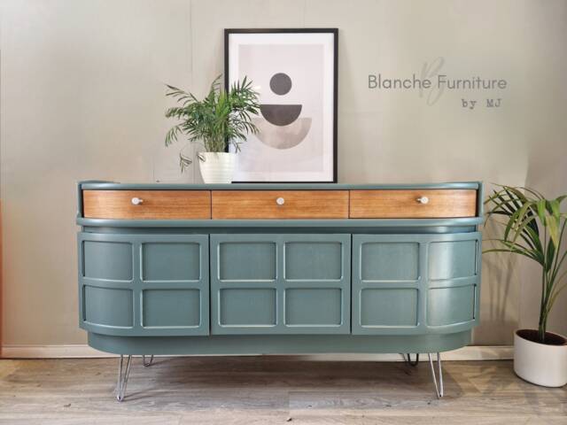 Mid Century Luxury Sideboard Nathan - Curved Teak Grey Blue - image 1