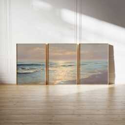 Sunset Ocean Poster Set Of 3 Golden Beach Coastal Wall Art - thumbnail 3