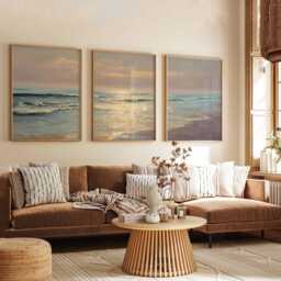 Sunset Ocean Poster Set Of 3 Golden Beach Coastal Wall Art - thumbnail 2