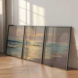 Sunset Ocean Poster Set Of 3 Golden Beach Coastal Wall Art - thumbnail 4