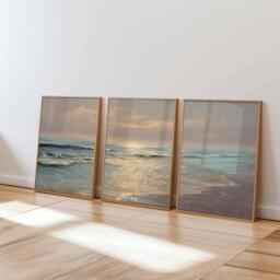 Sunset Ocean Poster Set Of 3 Golden Beach Coastal Wall Art
