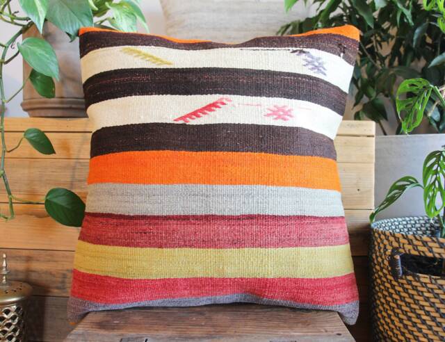 50cm - 20Inch Vintage Kilim Cushion Cover Handwoven - Black White Various Coloured Stripes - image 1