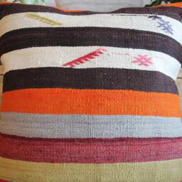 50cm - 20Inch Vintage Kilim Cushion Cover Handwoven - Black White Various Coloured Stripes - thumbnail 2