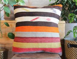 50cm - 20Inch Vintage Kilim Cushion Cover Handwoven - Black White Various Coloured Stripes