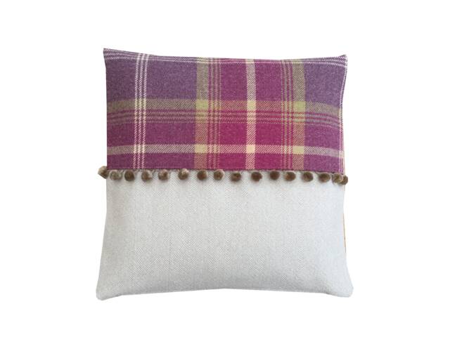 Balmoral Tartan Plaid Throw Pillow Cover Purple, Beige Tweed With Pompom Trim - image 1