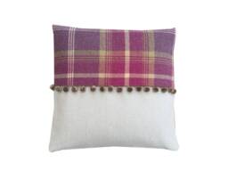 Balmoral Tartan Plaid Throw Pillow Cover Purple, Beige Tweed With Pompom Trim - thumbnail 1