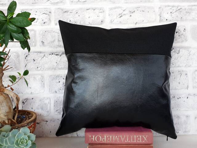 Black Faux Leather Pillow Cover Modern Home Decor - 16x16'' - image 1