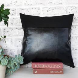 Black Faux Leather Pillow Cover Modern Home Decor - 16x16'' - thumbnail 2
