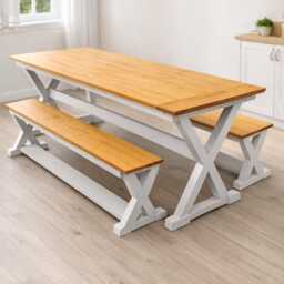 The Fern - Handcrafted Farmhouse Dining Table & Bench Set Solid Wood, X-Frame Design - thumbnail 2
