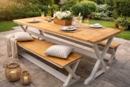 The Fern - Handcrafted Farmhouse Dining Table & Bench Set Solid Wood, X-Frame Design - thumbnail 1