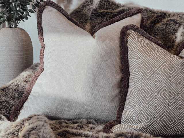 Greige Plain Cushion Cover With Beige Fringed Trim - Bespoke, Luxury Throw Pillow - image 1
