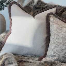 Greige Plain Cushion Cover With Beige Fringed Trim - Bespoke, Luxury Throw Pillow - thumbnail 2