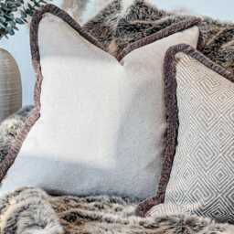 Greige Plain Cushion Cover With Beige Fringed Trim - Bespoke, Luxury Throw Pillow - thumbnail 3
