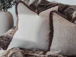 Greige Plain Cushion Cover With Beige Fringed Trim - Bespoke, Luxury Throw Pillow - thumbnail 1