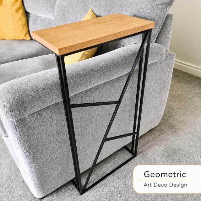 Geometric Sofa Side Table - Art Deco Oak Steel Couch Drink Holder - image 1