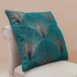 Art Deco Retro Fan Extra-Large Cushion. Teal Blue & Silver Vintage Design. Luxury Velvet Chenille. 23X23