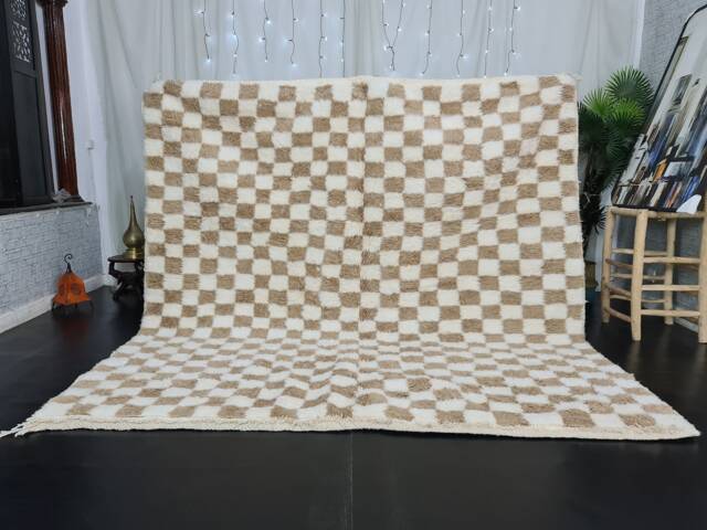 White & Beige Checkered Beni Ourain Rug - Handmade Moroccan Wool Textured Berber Area For Living Room Afrikesh - image 1