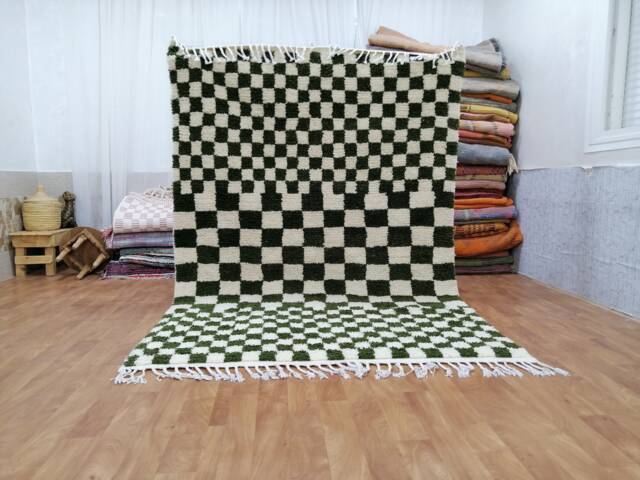 Olive Green Checkered Rug, Moroccan Berber Wool Runner - image 1
