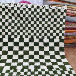 Olive Green Checkered Rug, Moroccan Berber Wool Runner - thumbnail 3