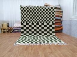 Olive Green Checkered Rug, Moroccan Berber Wool Runner - thumbnail 1