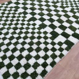 Olive Green Checkered Rug, Moroccan Berber Wool Runner - thumbnail 4