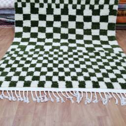 Olive Green Checkered Rug, Moroccan Berber Wool Runner - thumbnail 2