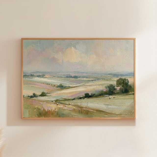 Pastel Field Poster, Soft Countryside Wall Art, Landscape Painting - image 1
