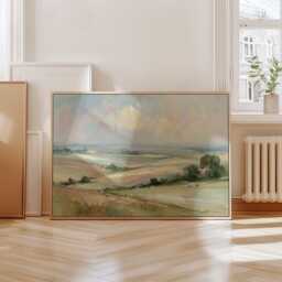 Pastel Field Poster, Soft Countryside Wall Art, Landscape Painting - thumbnail 4